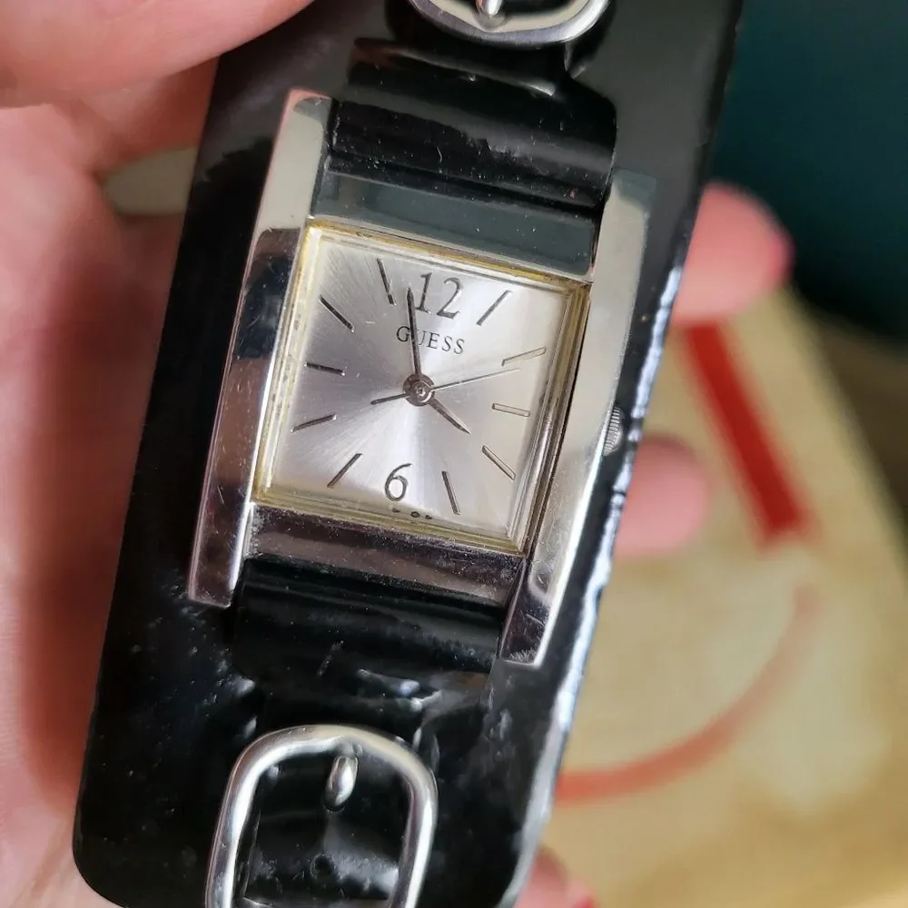 Vintage Guess Black Wide Double Buckle Black Silver Patent Leather Watch